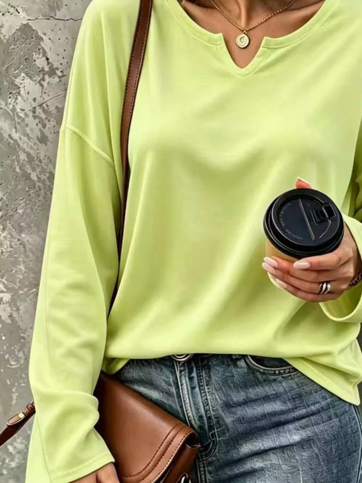 Lime Loose-Fit Notch Neck Long Sleeve T-Shirt sleeve and fabric detail