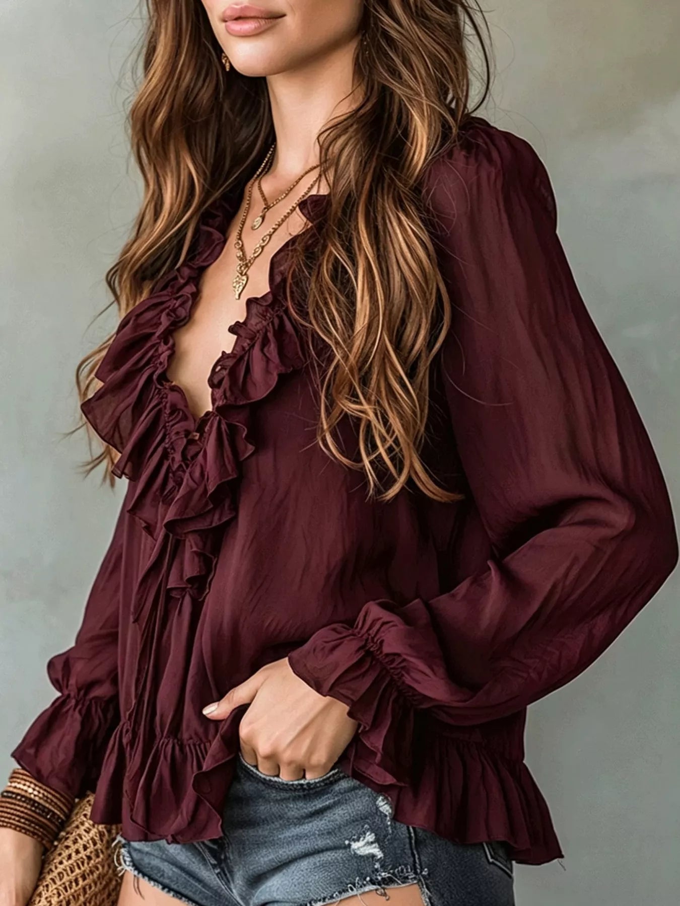 Trendsi Ruffle V-Neck Long Sleeve Blouse -