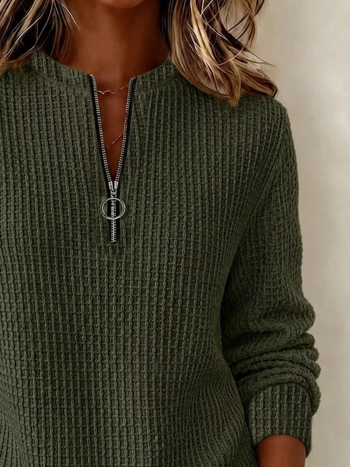Green quarter-zip textured sweatshirt, half-zip neckline and textured fabric