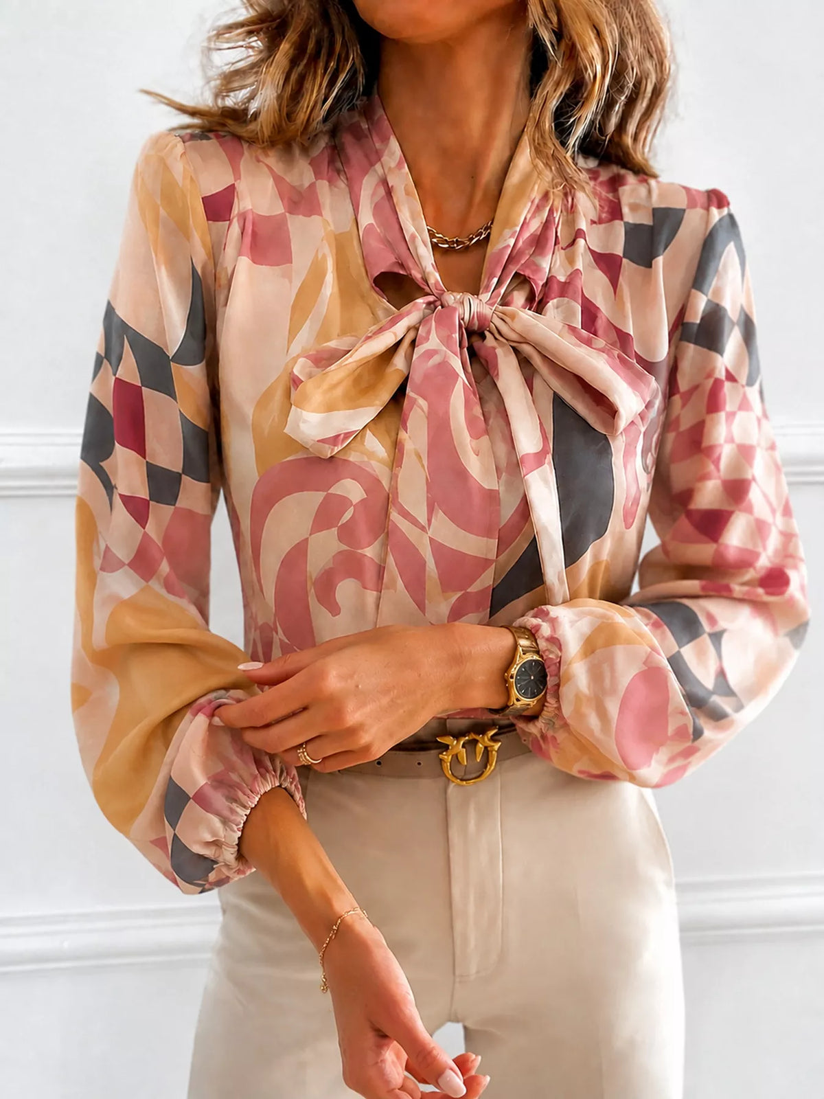 Women's Printed Bow-Tie Neck Long Sleeve Blouse in Pale Blush, alternate view