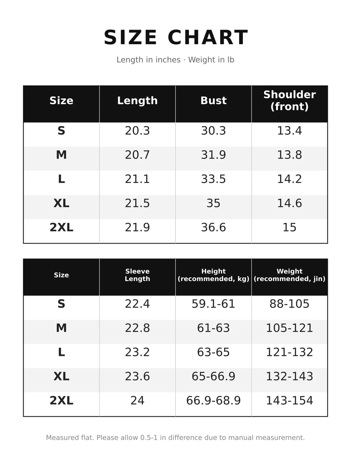 Size and measurement chart for long-sleeve T-shirt