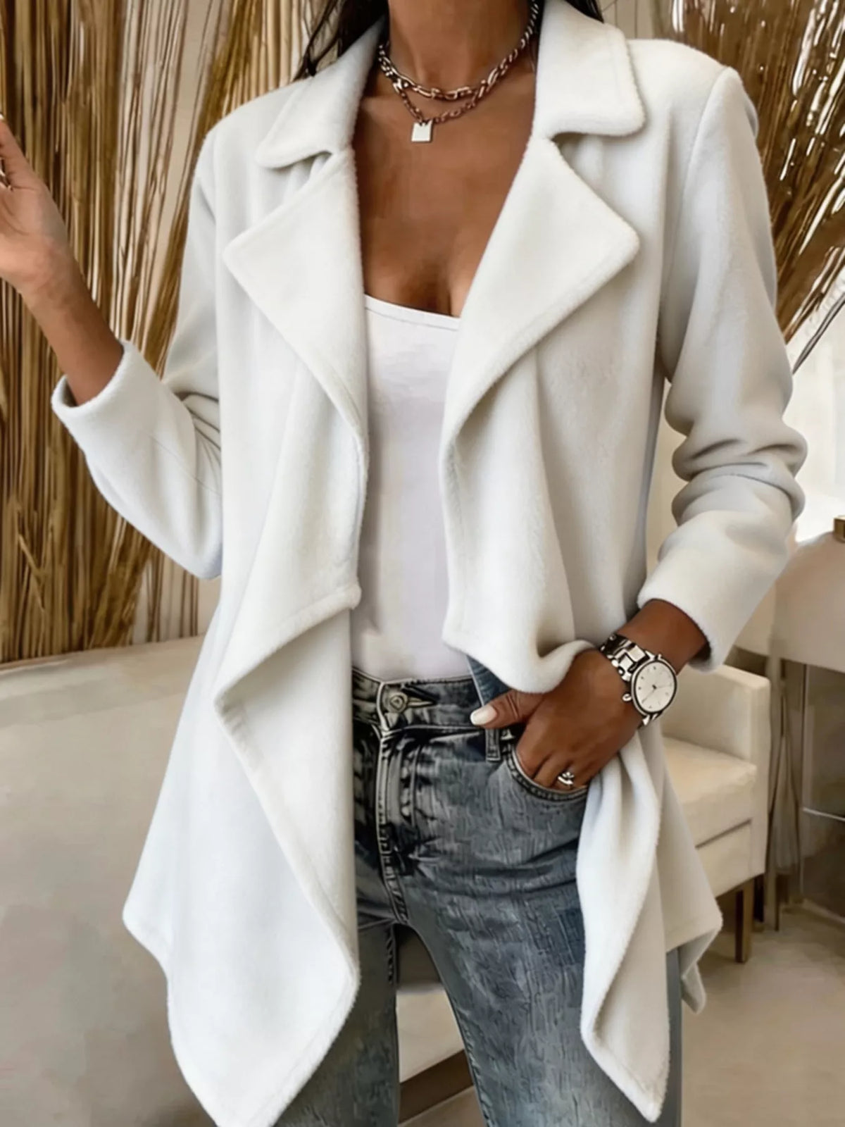 White fleece waterfall collar jacket