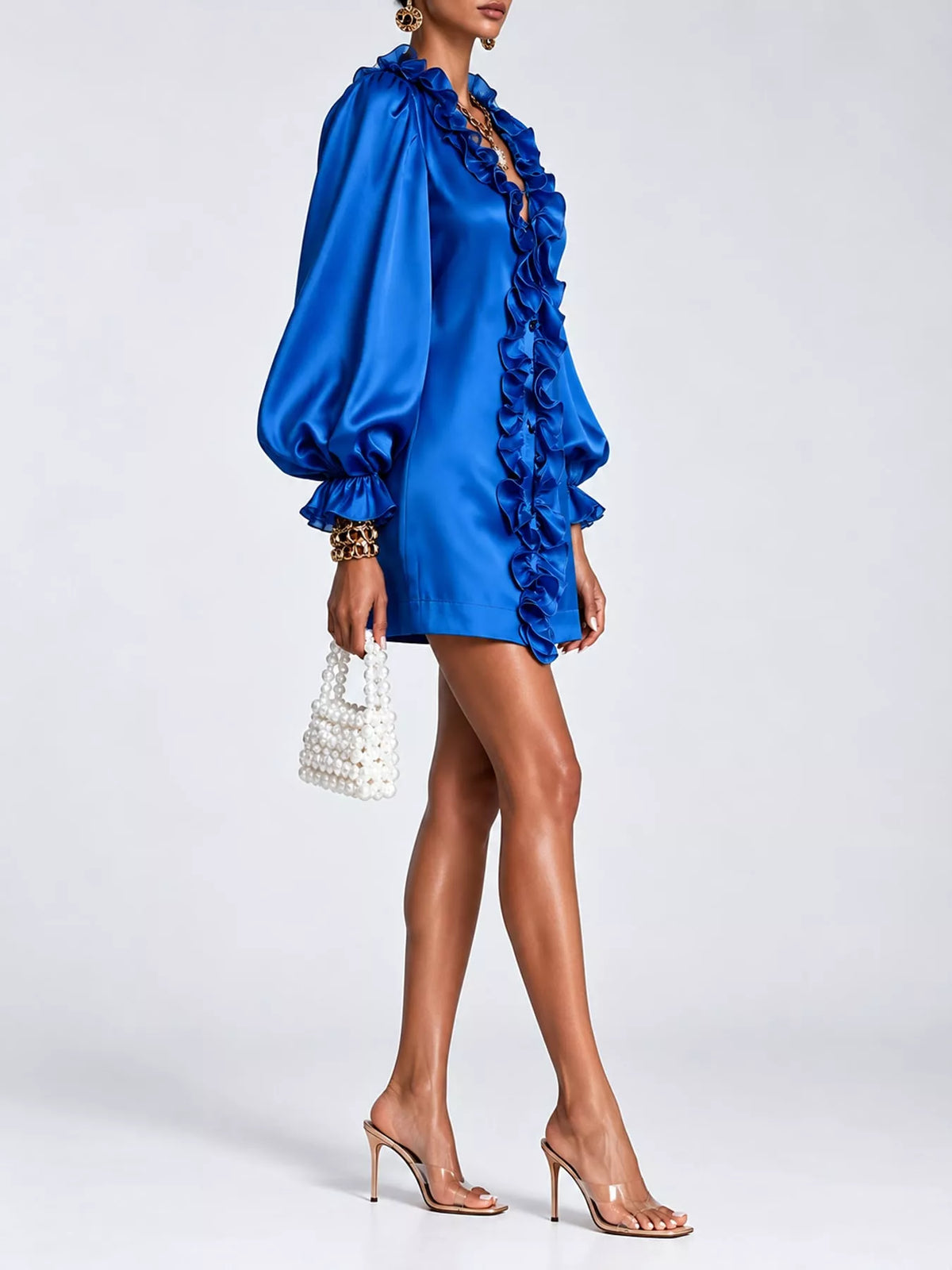 Ruffle Trim Puff Sleeve Mini Dress in royal blue, side view