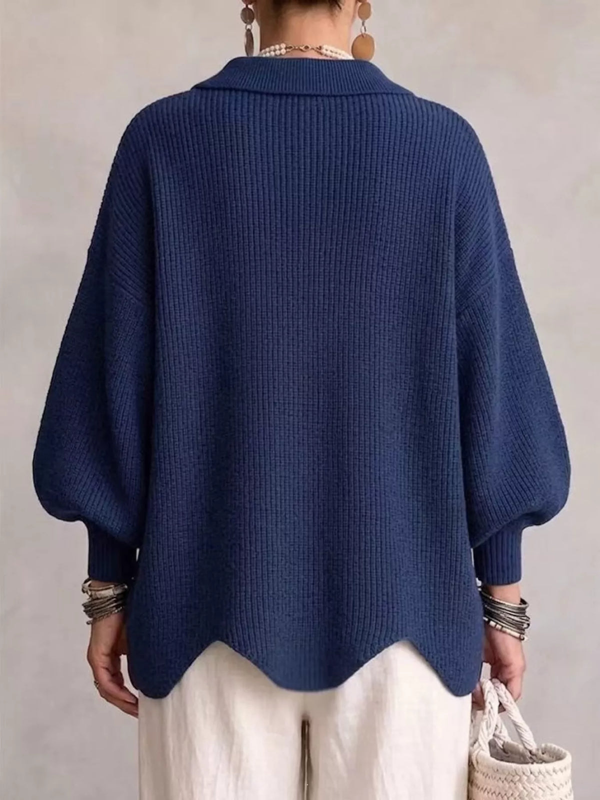 Women's Ribbed Knit Gold Buttons Cardigan in navy — back view