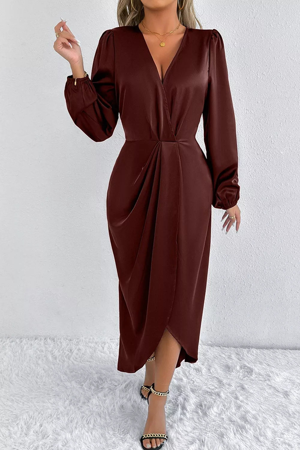 Trendsi Satin Balloon Sleeve Midi Dress -
