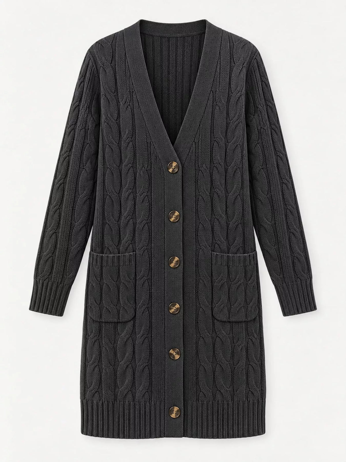 Cable Knit Button-Down Cardigan with Pockets — garment front