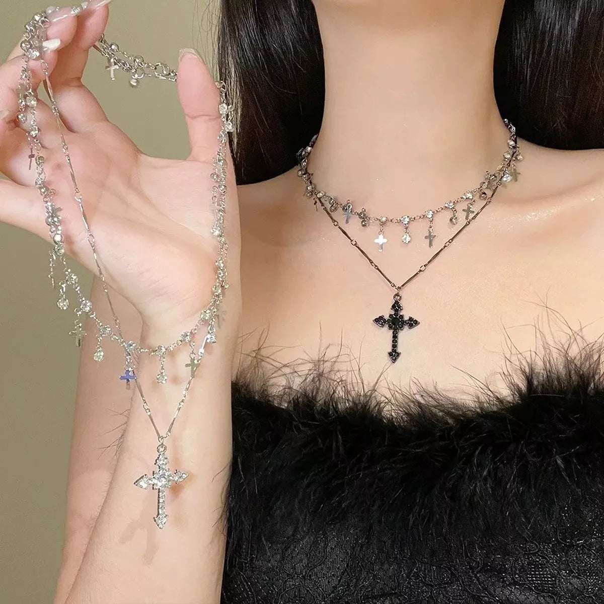 Silver-tone double-layer cross pendant necklace