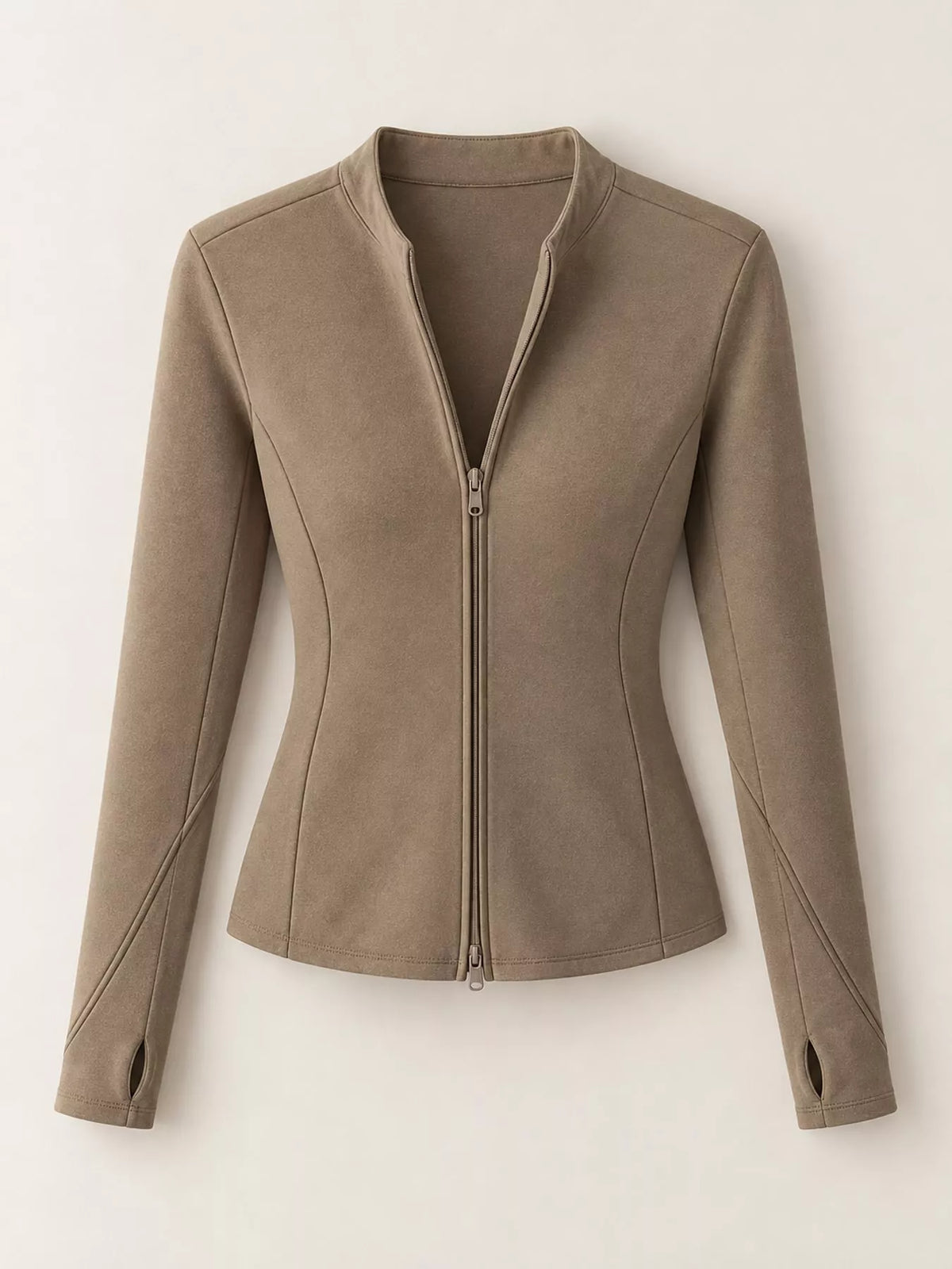 Taupe slim-fit zip-up long sleeve jacket — front view