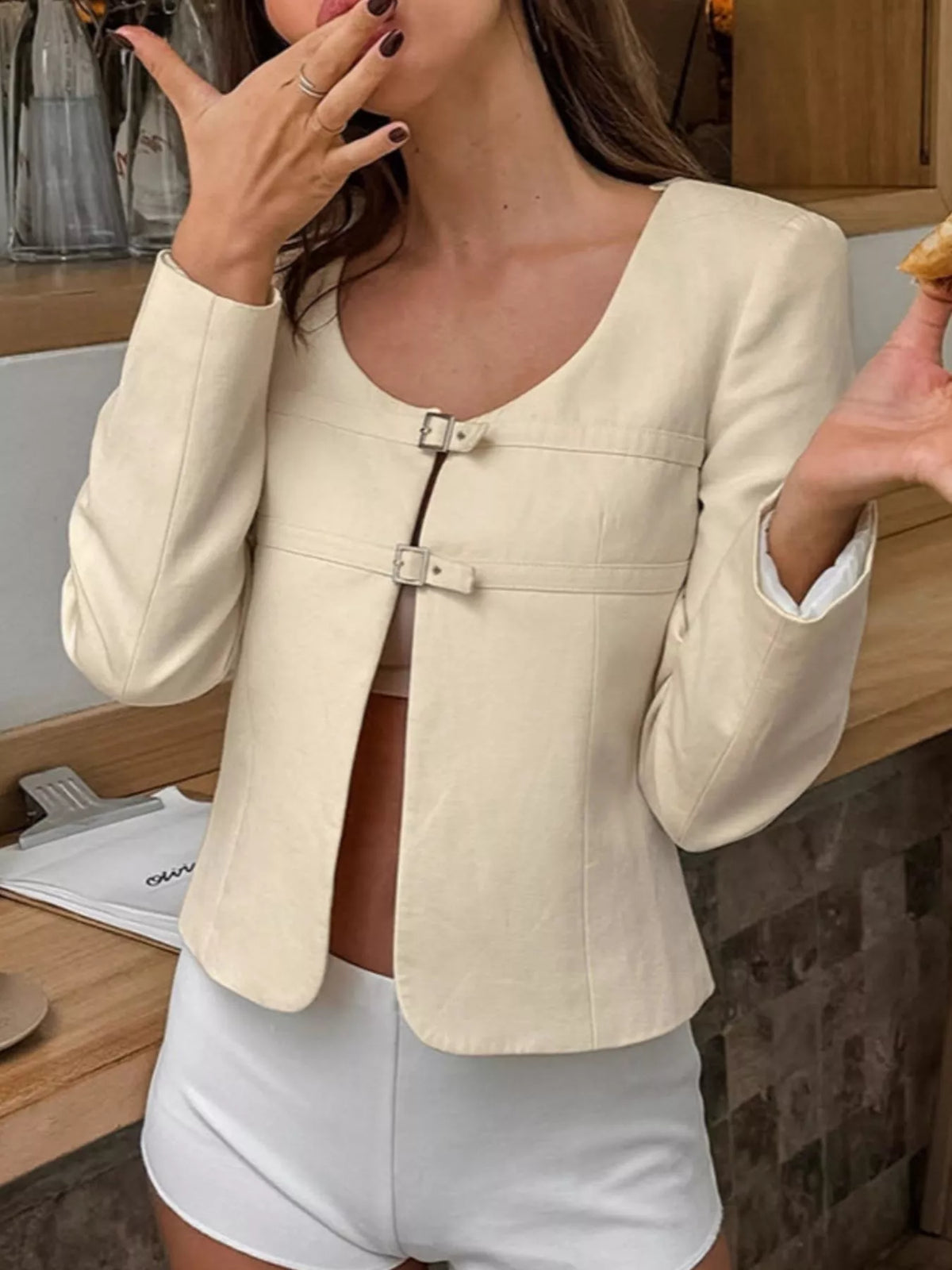 Trendsi Buckle-Front Cropped Jacket -