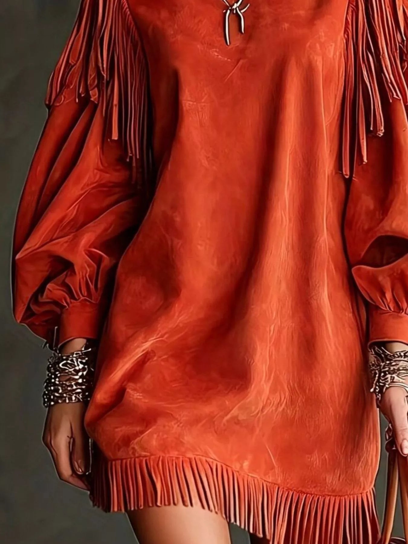 Trendsi Fringe Detail Lantern Sleeve Mini Dress -