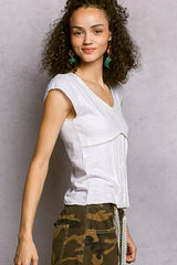 Trendsi POL V-Neck Lightweight Textured Short Sleeve Knit Top with Lace Trim -