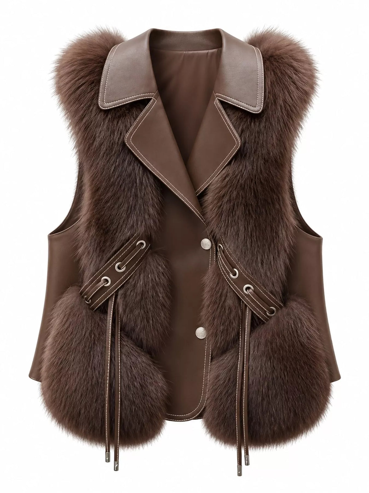 Faux Fur Snap Down Vest Coat in coffee