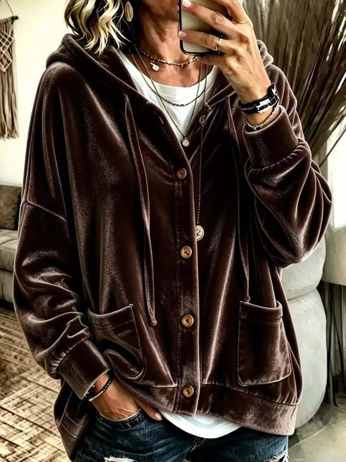 Brown velvet dropped shoulder hoodie, front view