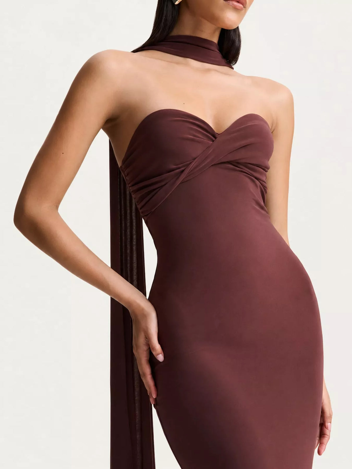 Brown strapless ruched bodycon maxi dress with scarf, detail view