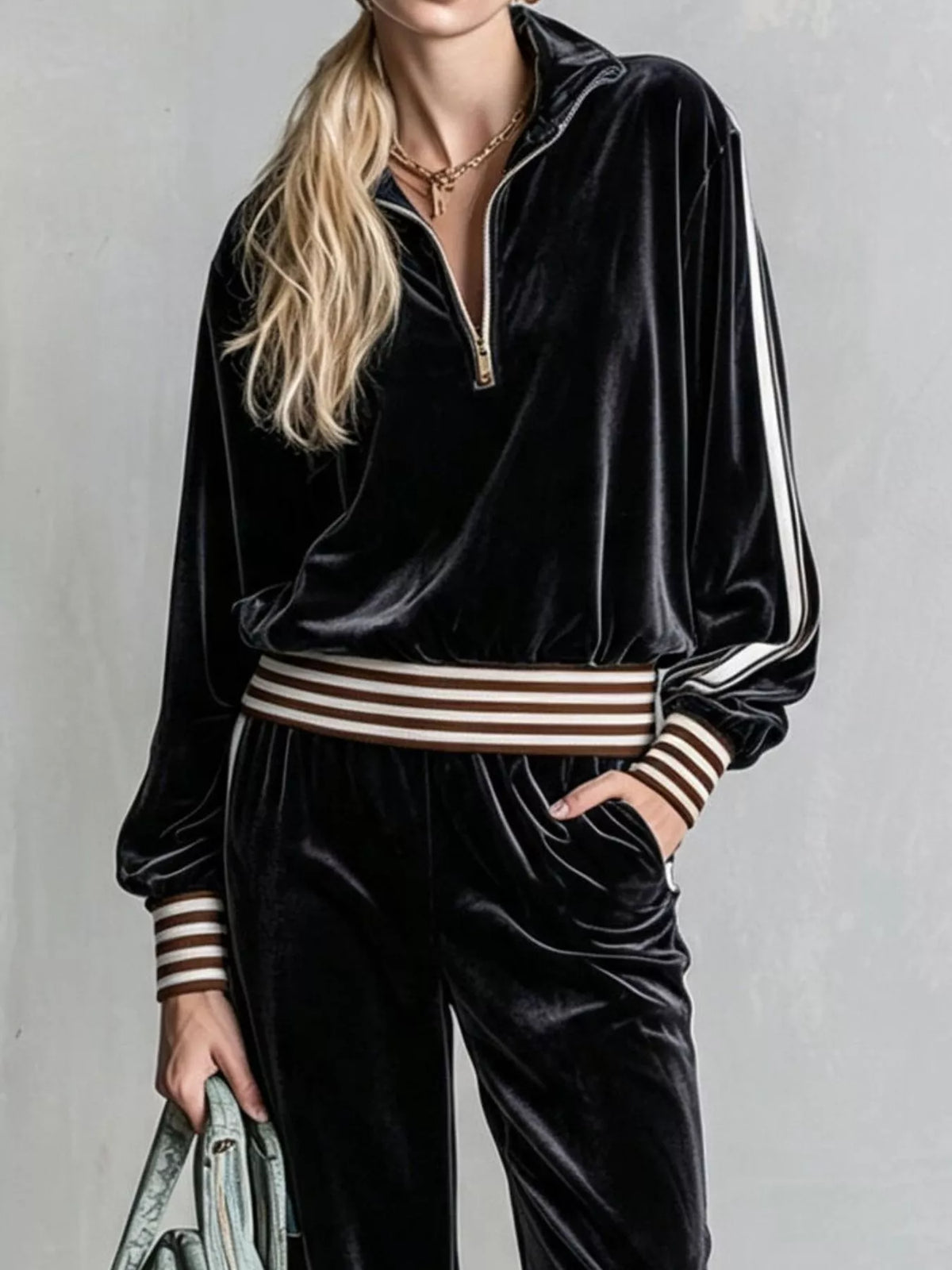 Black striped half-zip top and pants set, zip neckline detail