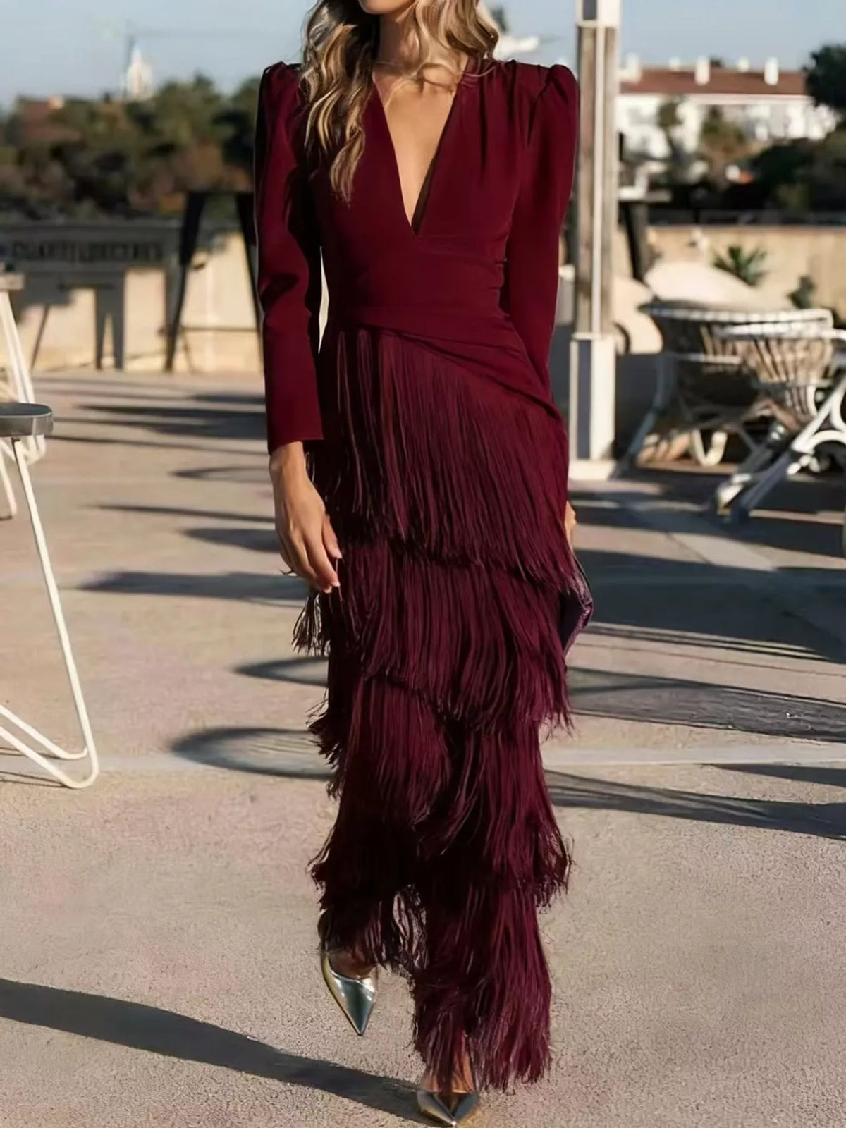 Women's Fringed V-Neck Puff Sleeve Midi Dress in burgundy — front view