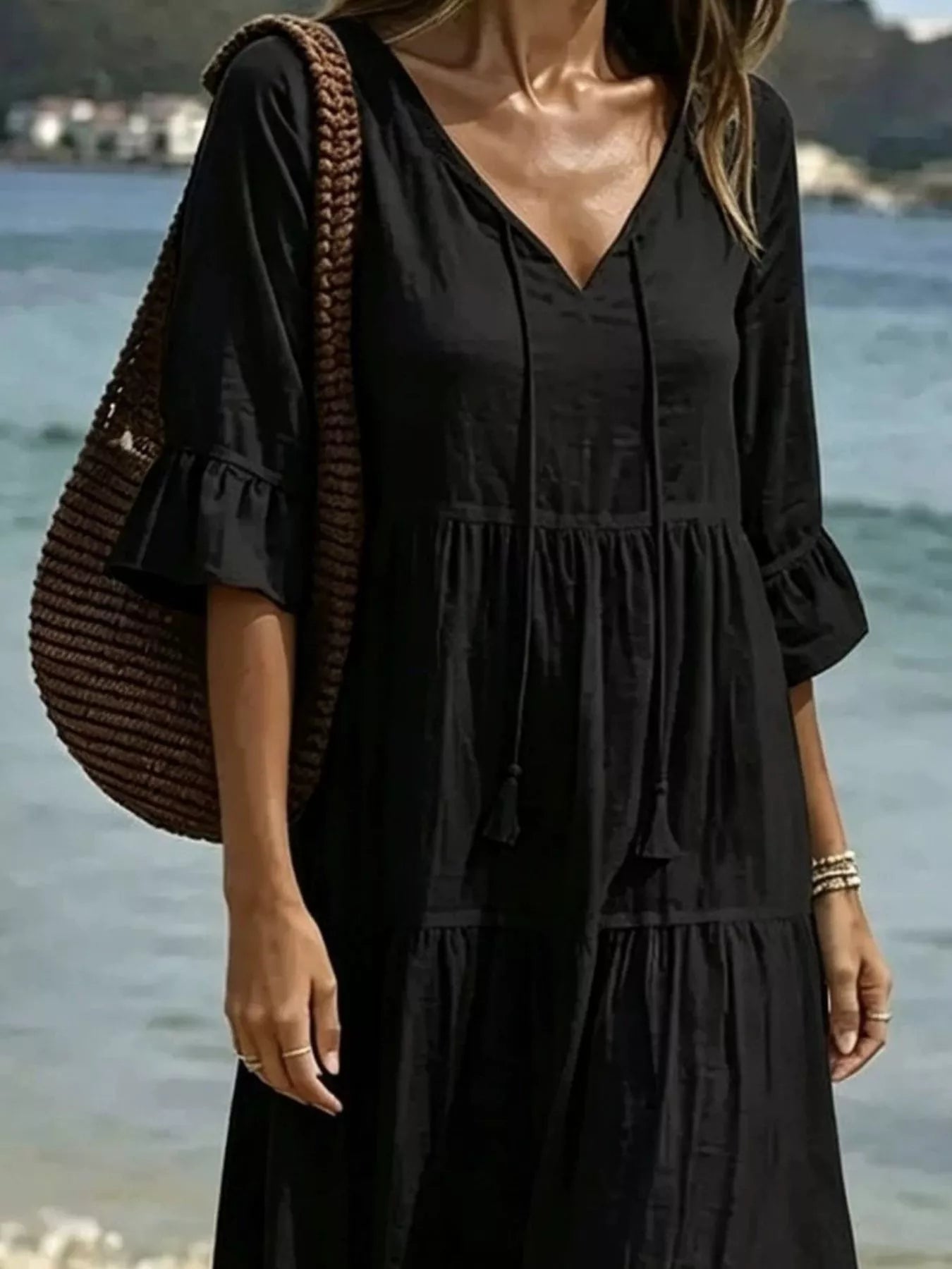 Trendsi Full Size Tiered Tie Neck Flounce Sleeve Dress Plus Size -