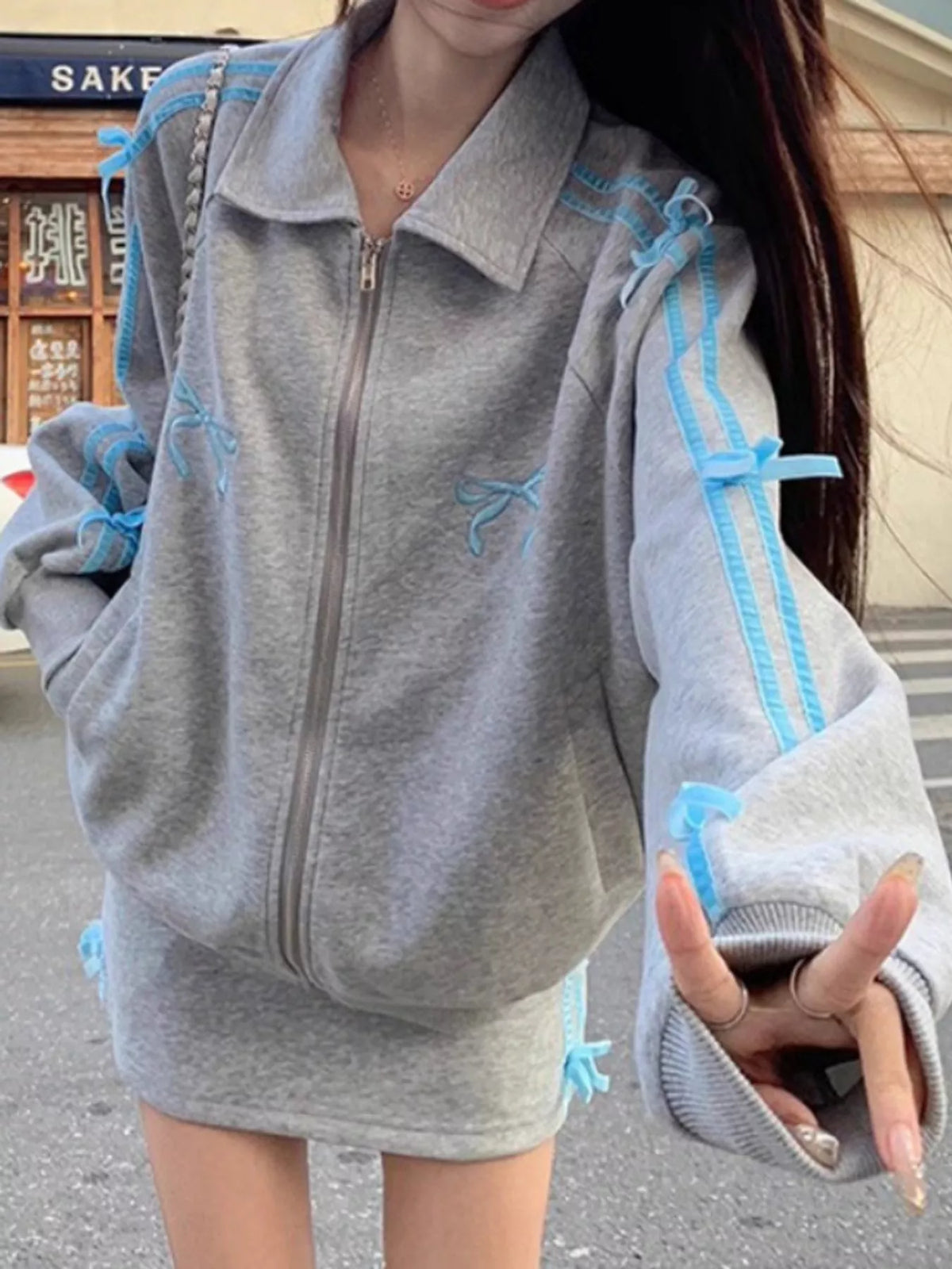 Heather Gray bow embroidered zip-up sweatshirt