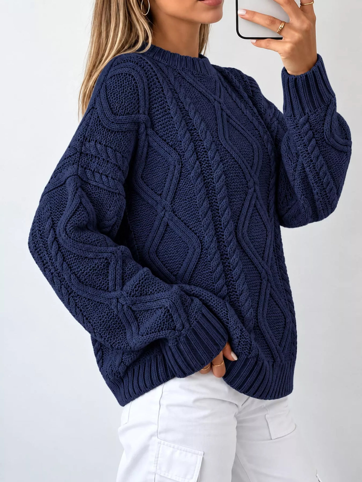 Navy cable-knit round neck sweater
