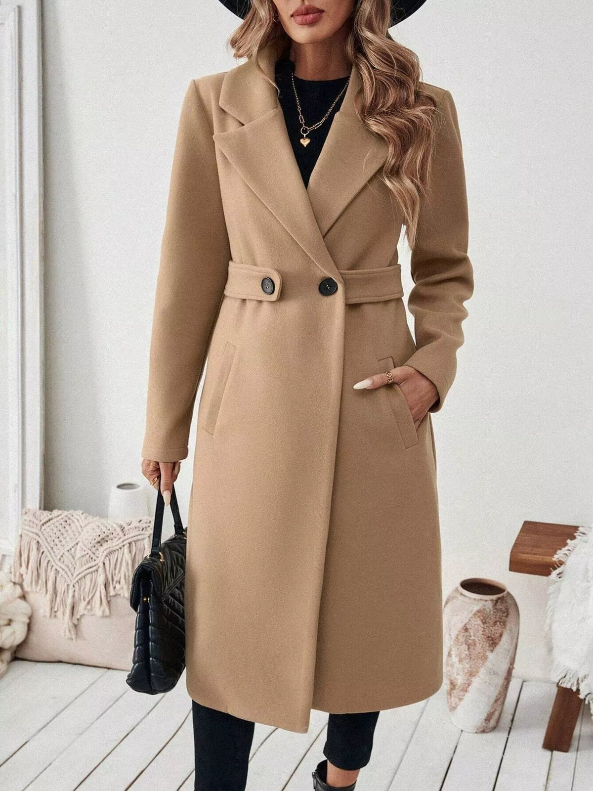 Tan lapel-collar longline coat, buttoned front