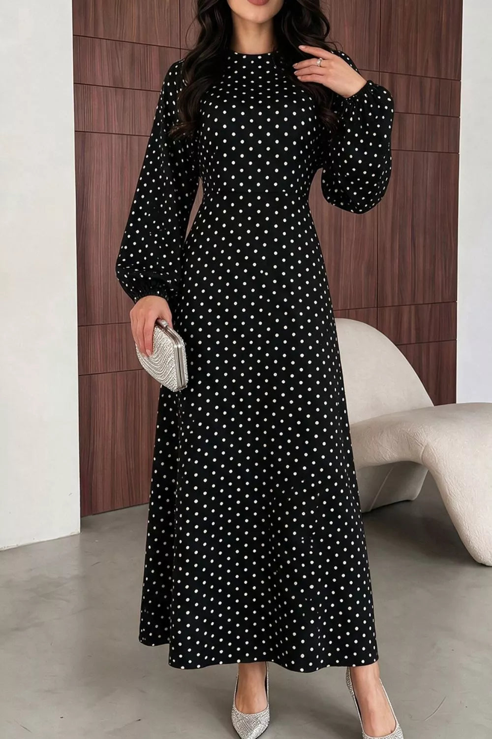 Black polka dot long sleeve maxi dress