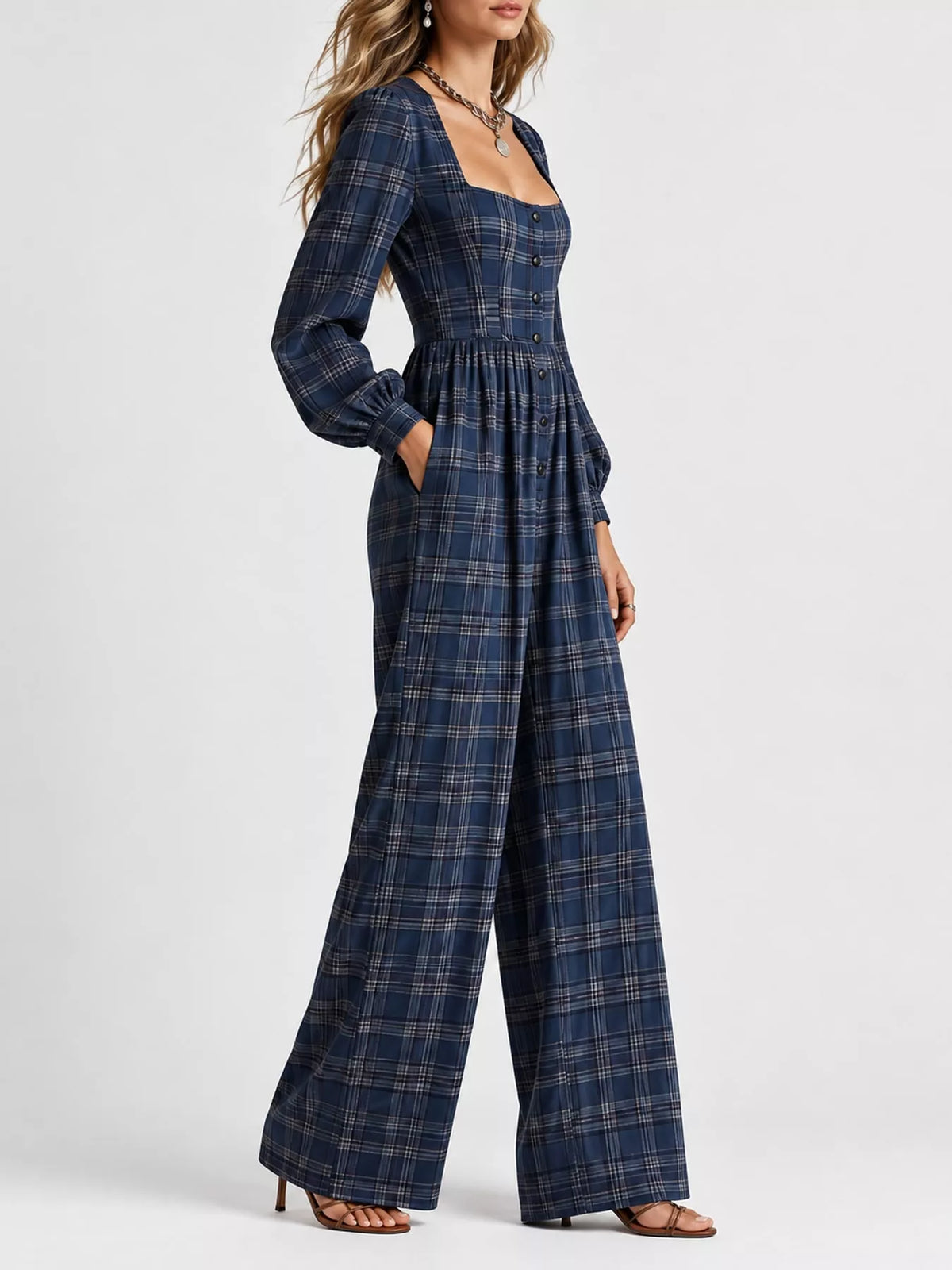 Plaid jumpsuit, navy side