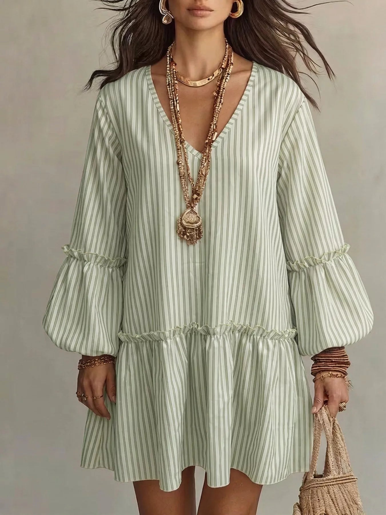 Trendsi Full Size Striped Balloon Sleeve Mini Dress Plus Size -