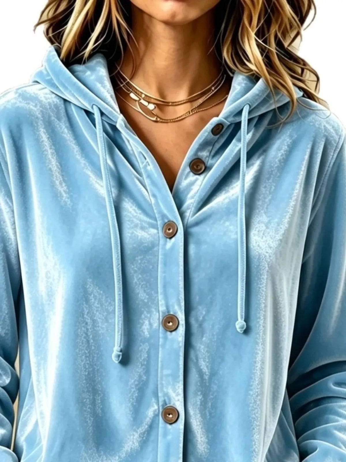 Velvet button-front hooded top