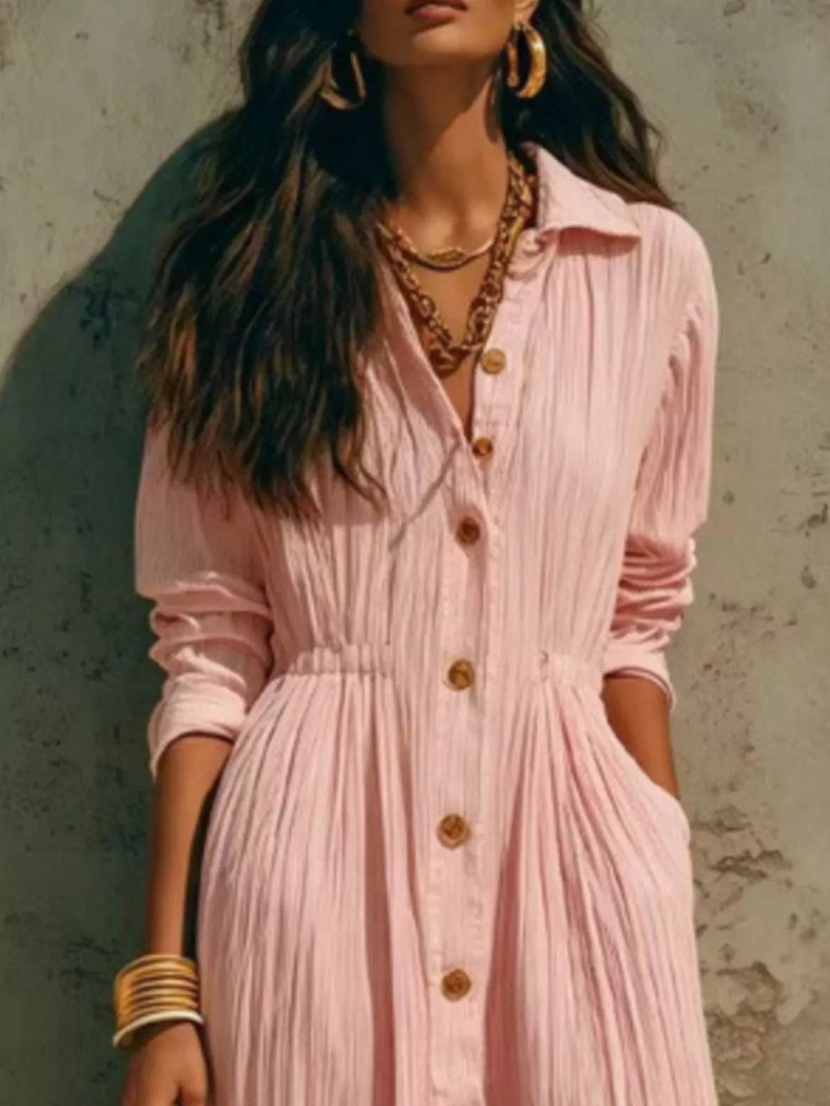 Dusty Pink button-down textured maxi shirt dress