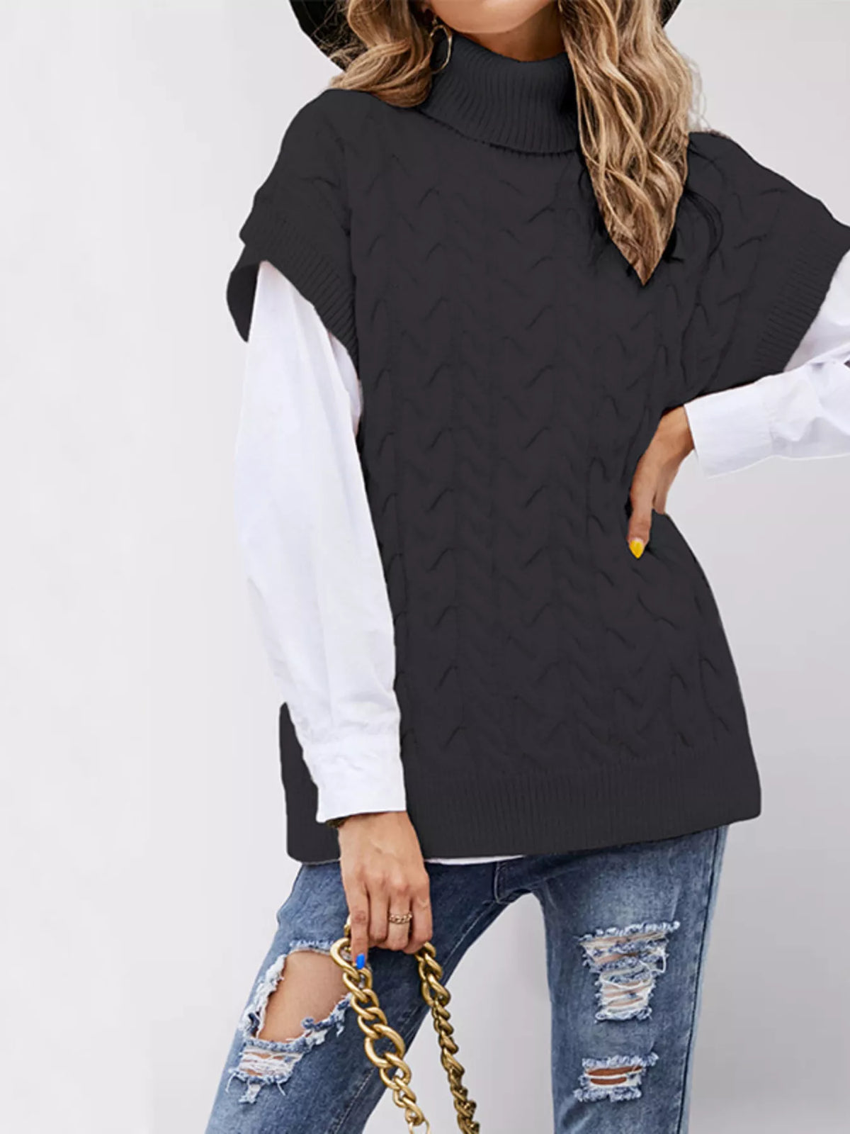 Trendsi Chunky Knit Turtleneck Cap Sleeve Sweater -