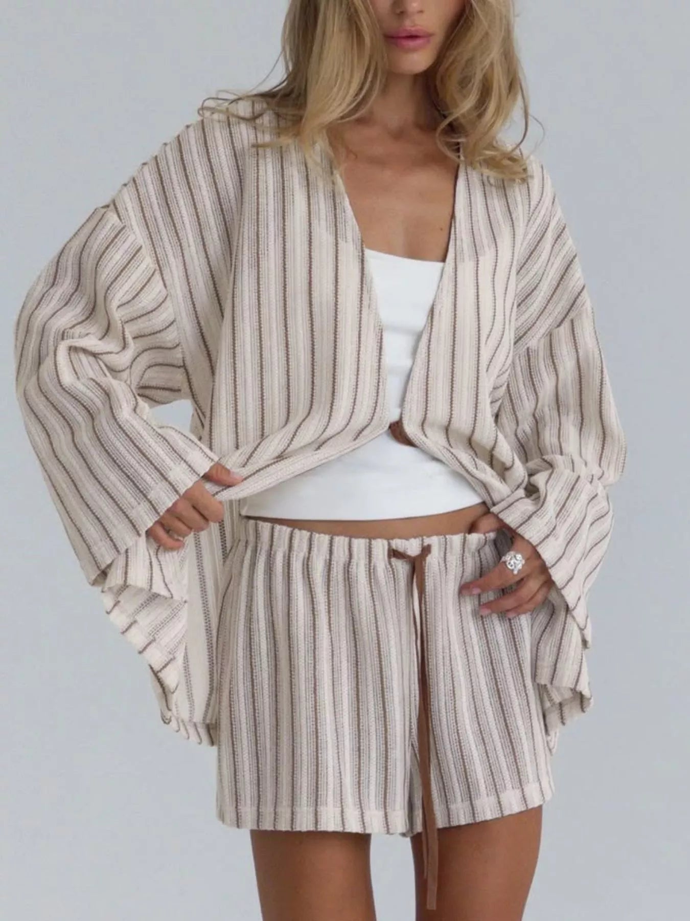 Trendsi Striped Tie Front Top and Shorts Lounge Set -