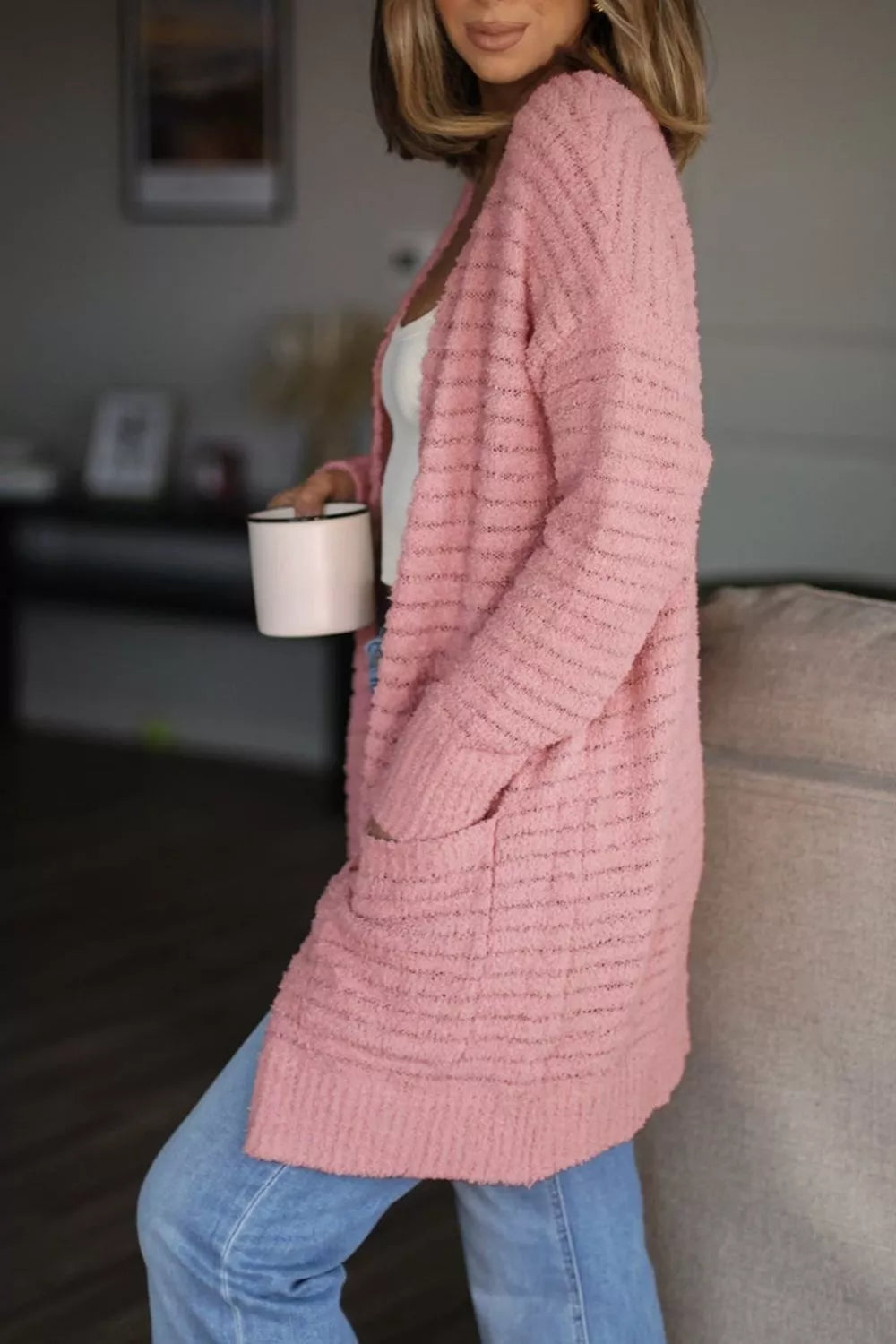 Trendsi Open Front Soft Fuzzy Ribbed Sweater Cardigan -