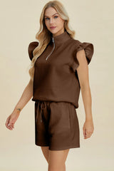 Trendsi Double Take Full Size Texture Flounce Sleeve Top and Shorts Set -