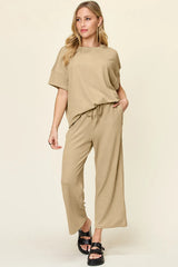Trendsi Double Take Full Size Texture Round Neck Short Sleeve T-Shirt and Wide Leg Pants -