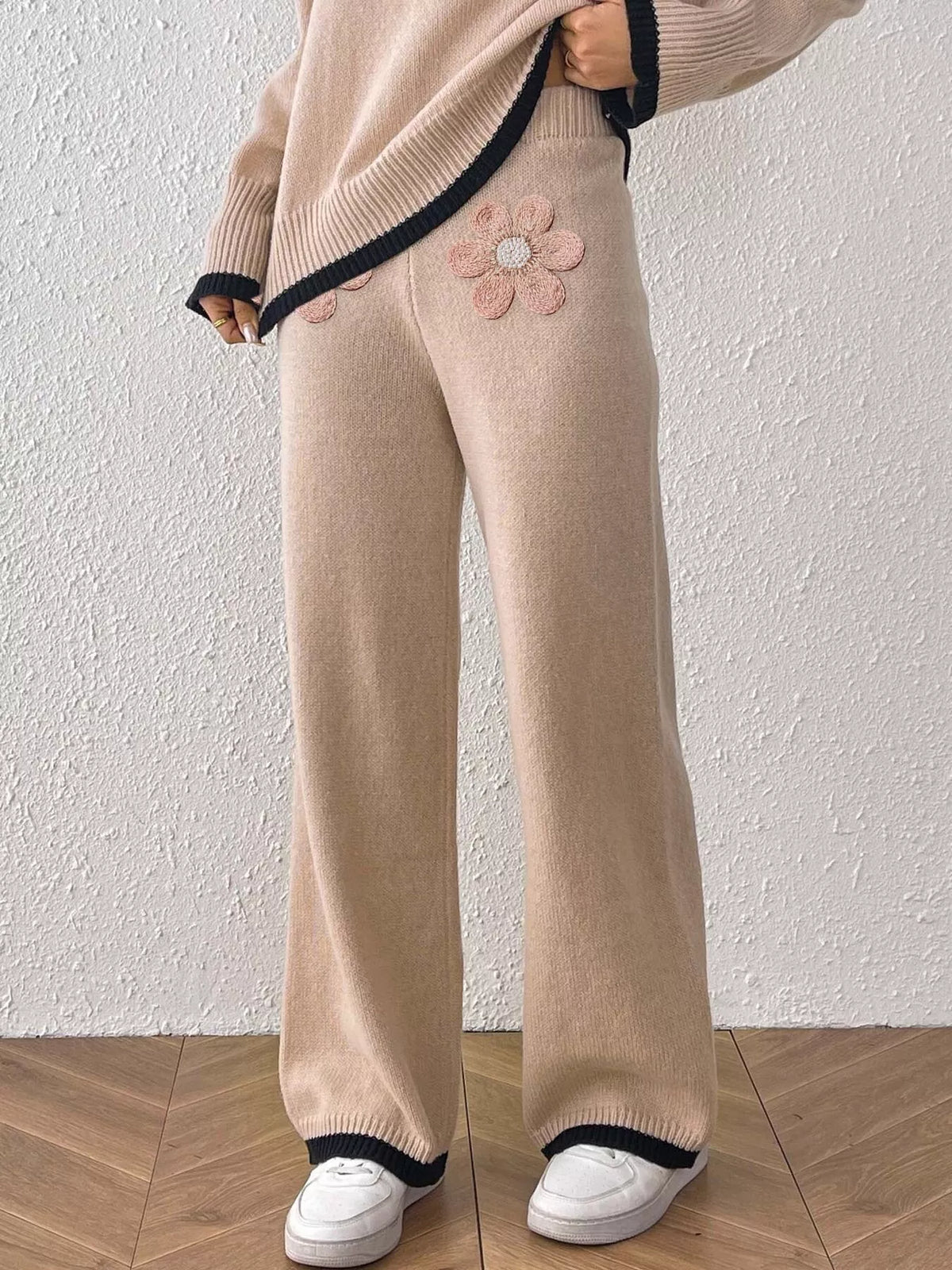 Trendsi Floral Applique High-Waisted Wide-Leg Sweater Pants -