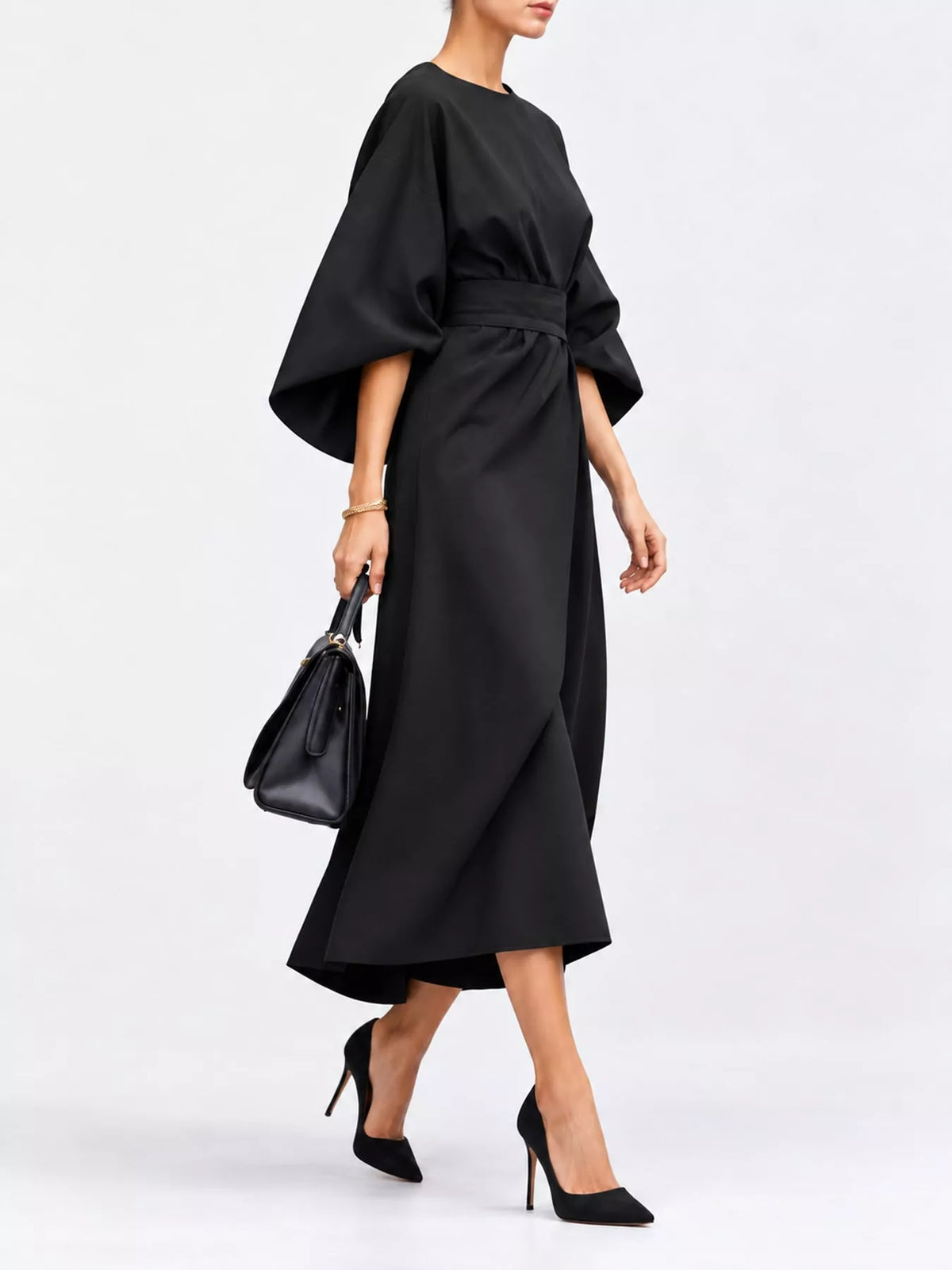 Black round neck kimono sleeve midi dress