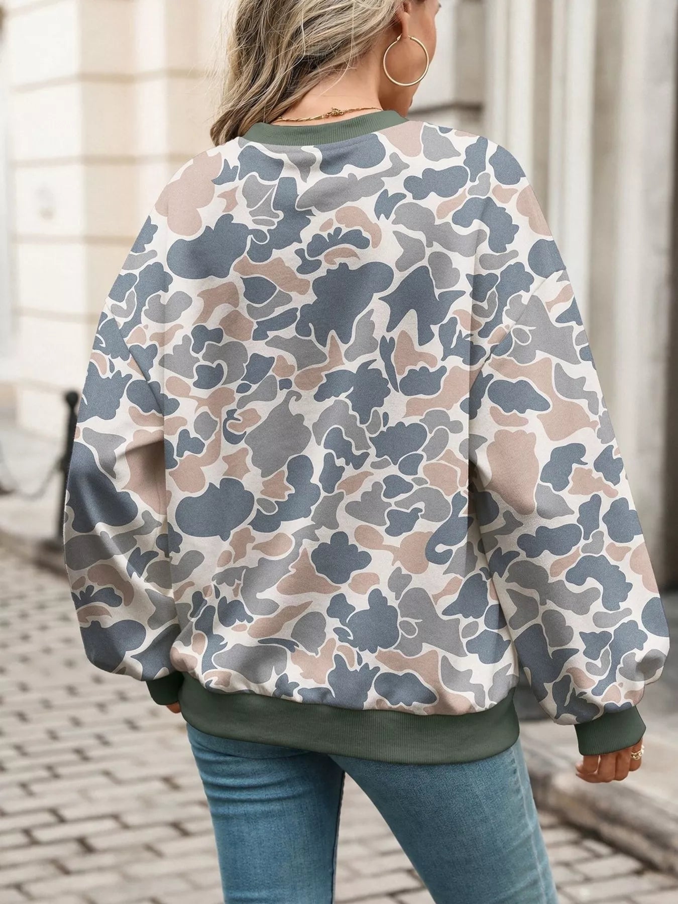 Trendsi Leaf Print Sweatshirt with Contrasting Trim -