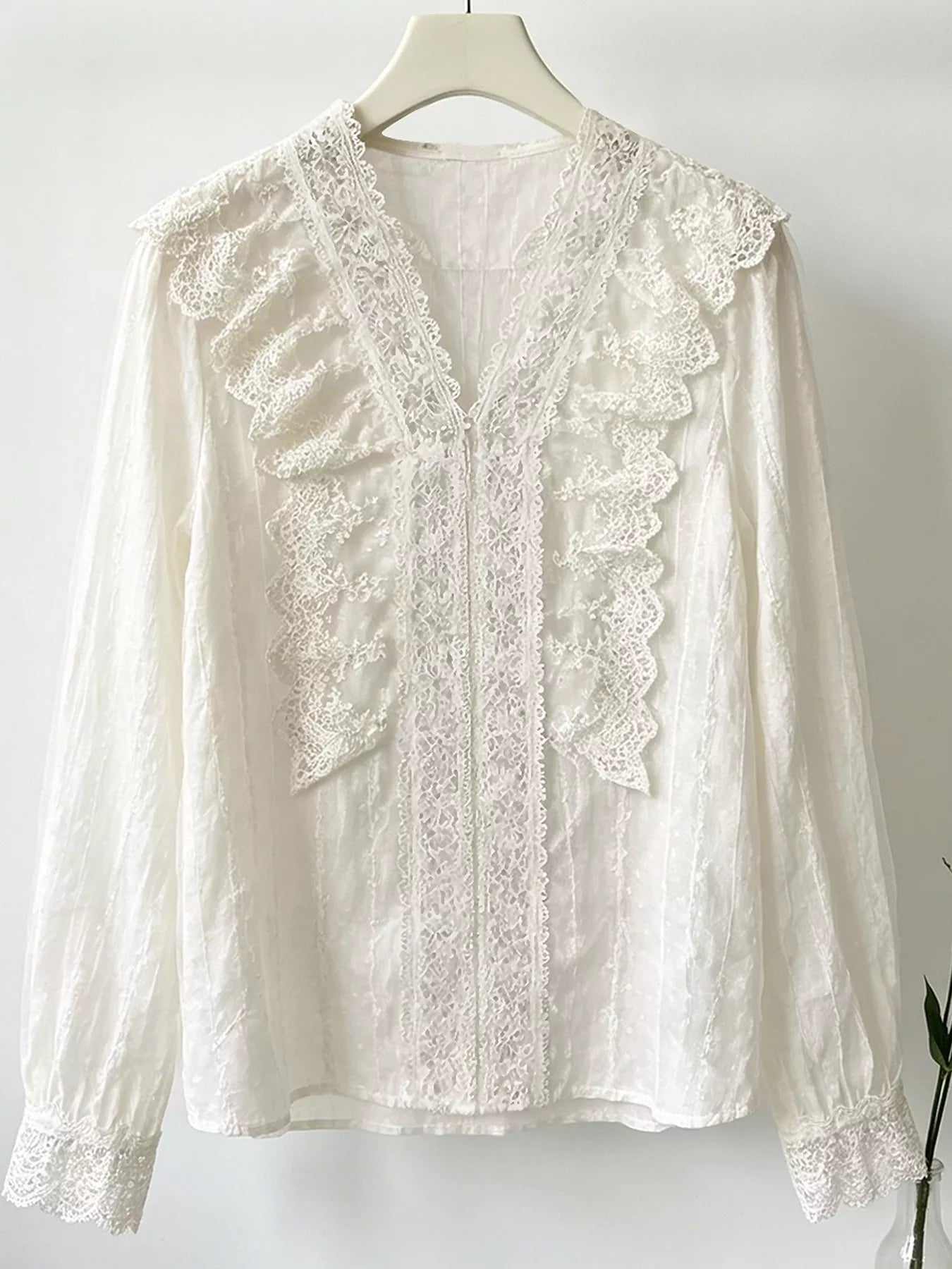 Trendsi V-Neck Lace Ruffle Sheer Blouse -