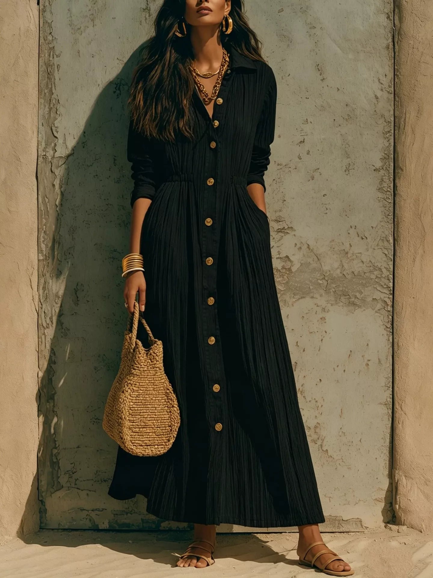 Trendsi Full Size Textured Button Front Long Sleeve Maxi Dress Plus Size -