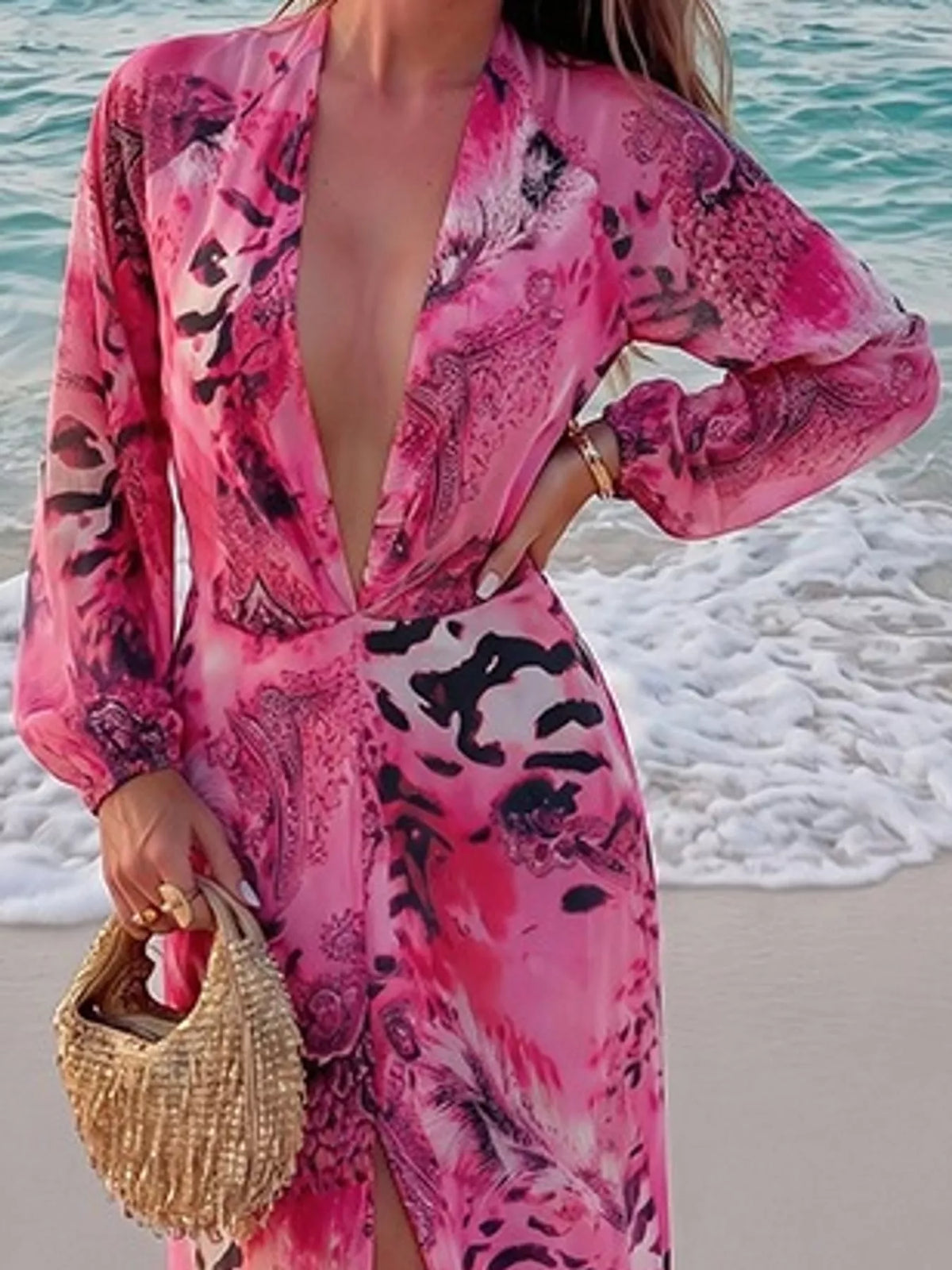 Printed maxi dress, pink neckline detail