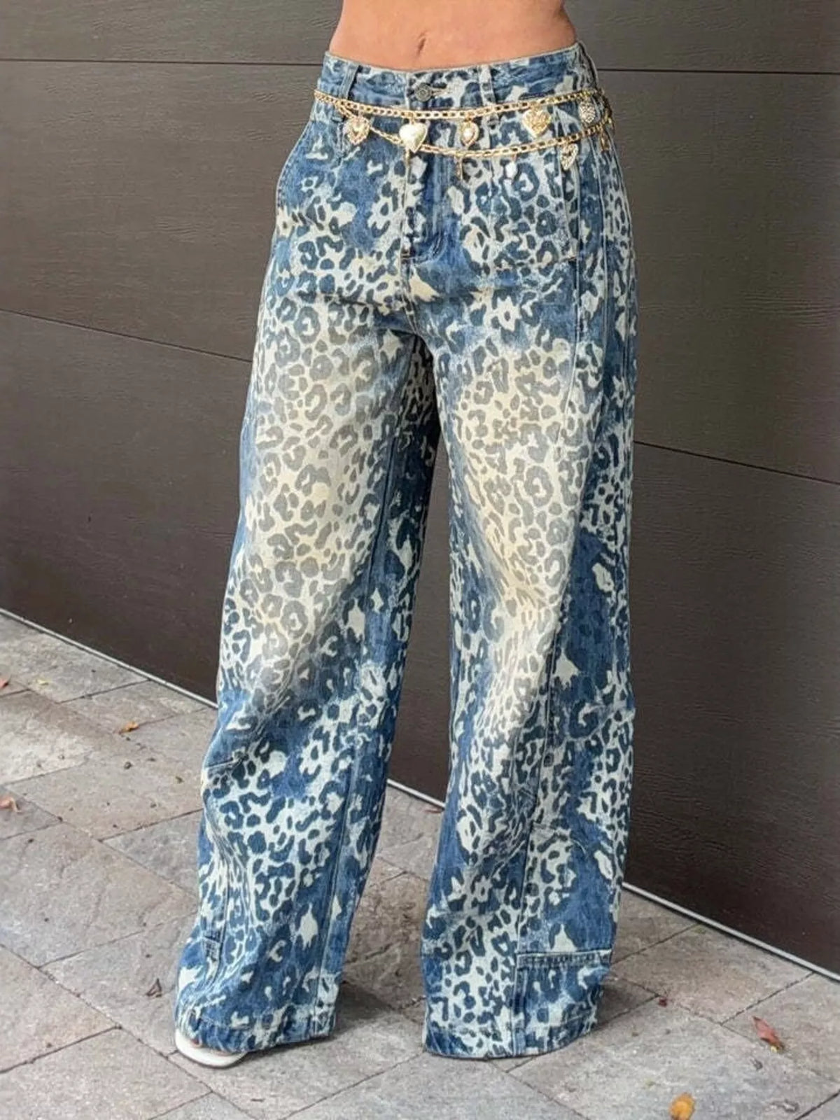 Blue high waisted leopard wide leg jeans, front view