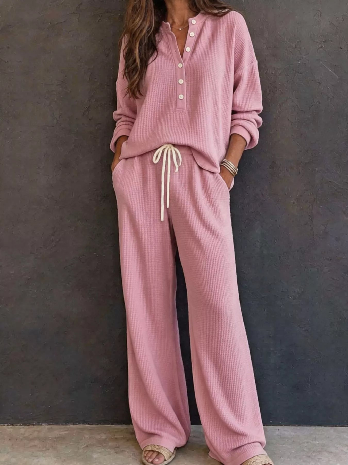 Trendsi Waffle Knit Henley Top and Wide Leg Pants Set -