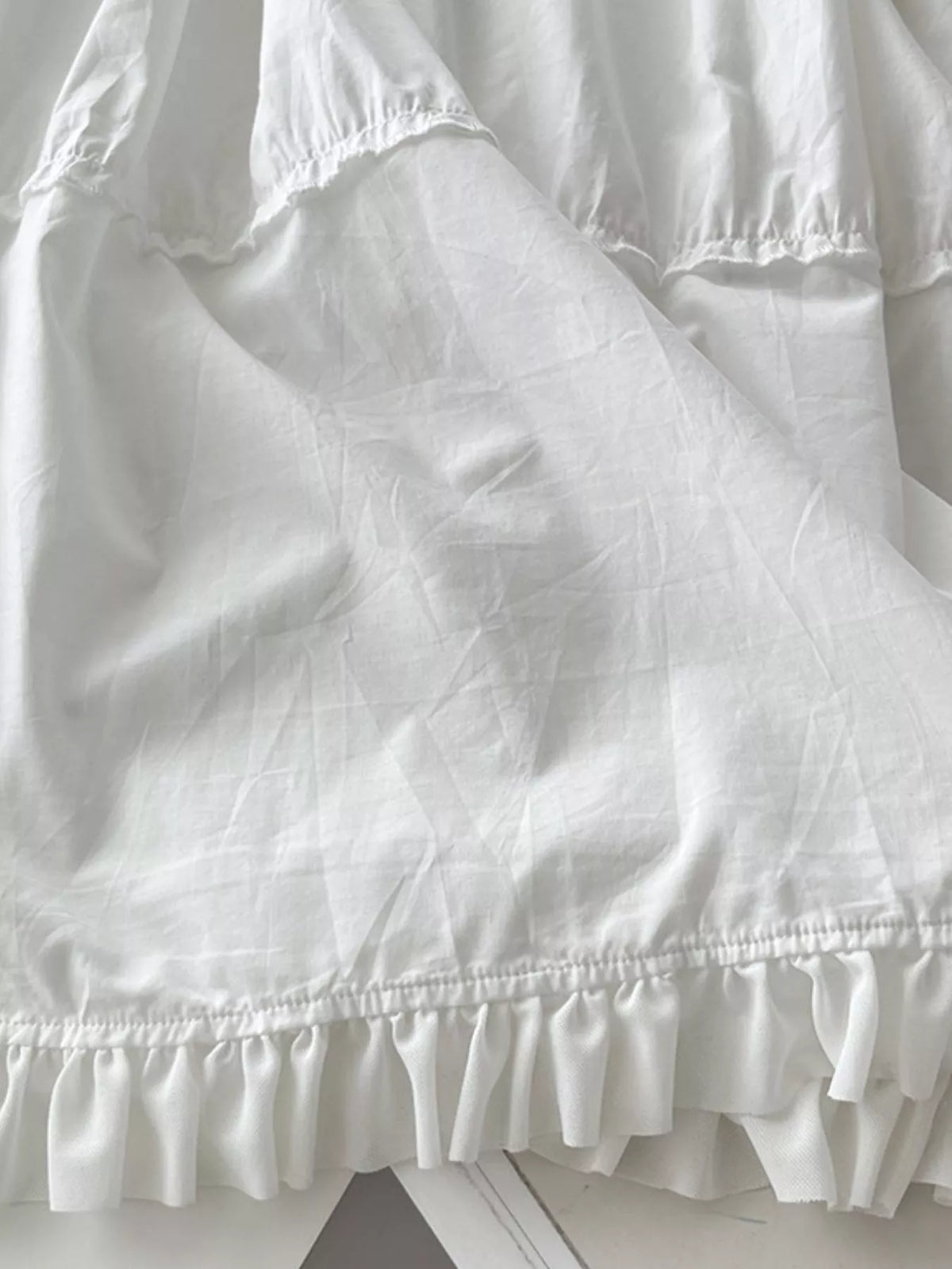 Women's Ruffled Square Neck Tiered Maxi Dress in white — hem detail view