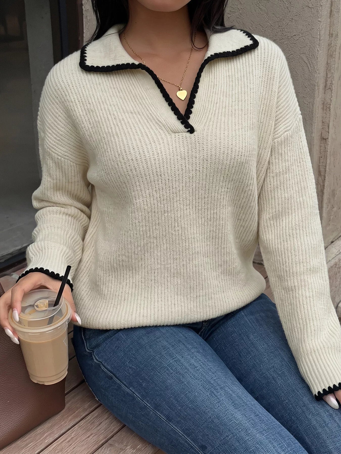 Trendsi Contrast Trim Dropped Shoulder Sweater -