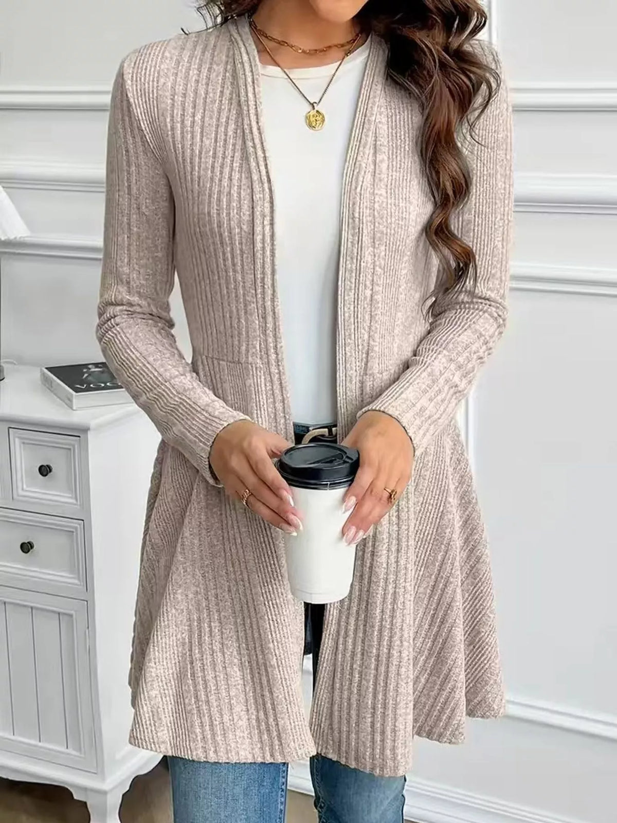 Apricot ribbed knit open front cardigan