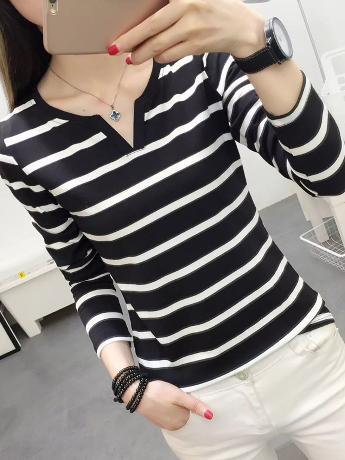 Striped Notched Long Sleeve T-Shirt, detail view in black and white