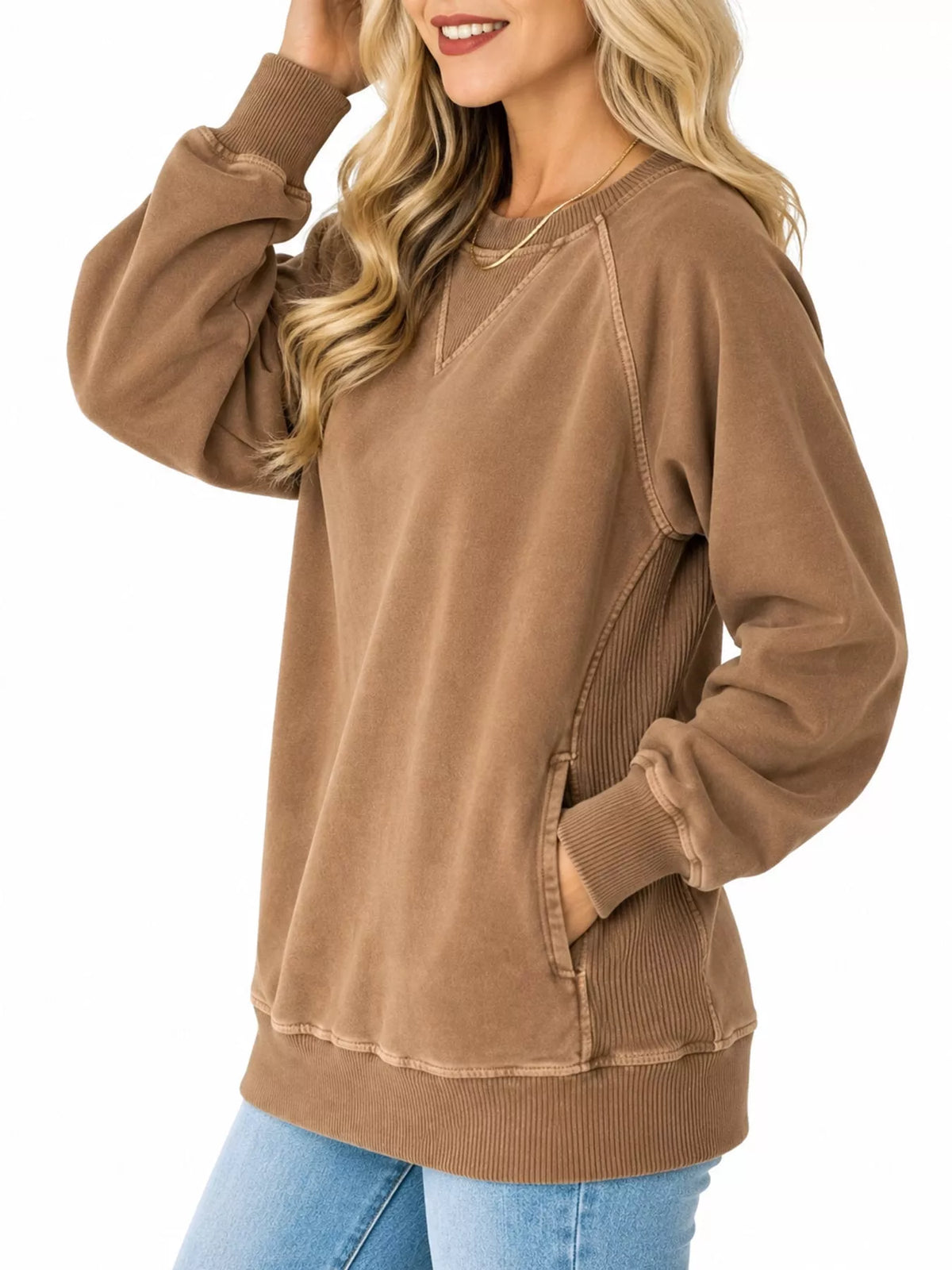 Brown crew neck raglan sleeve sweatshirt, side view