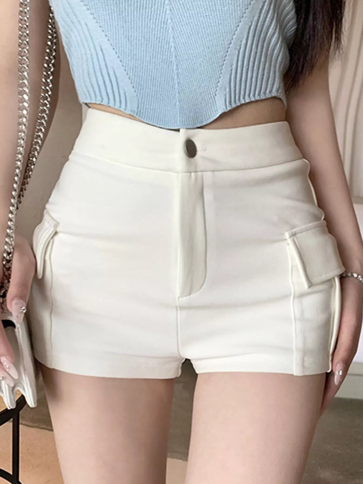 High-Waisted Denim Shorts in ivory