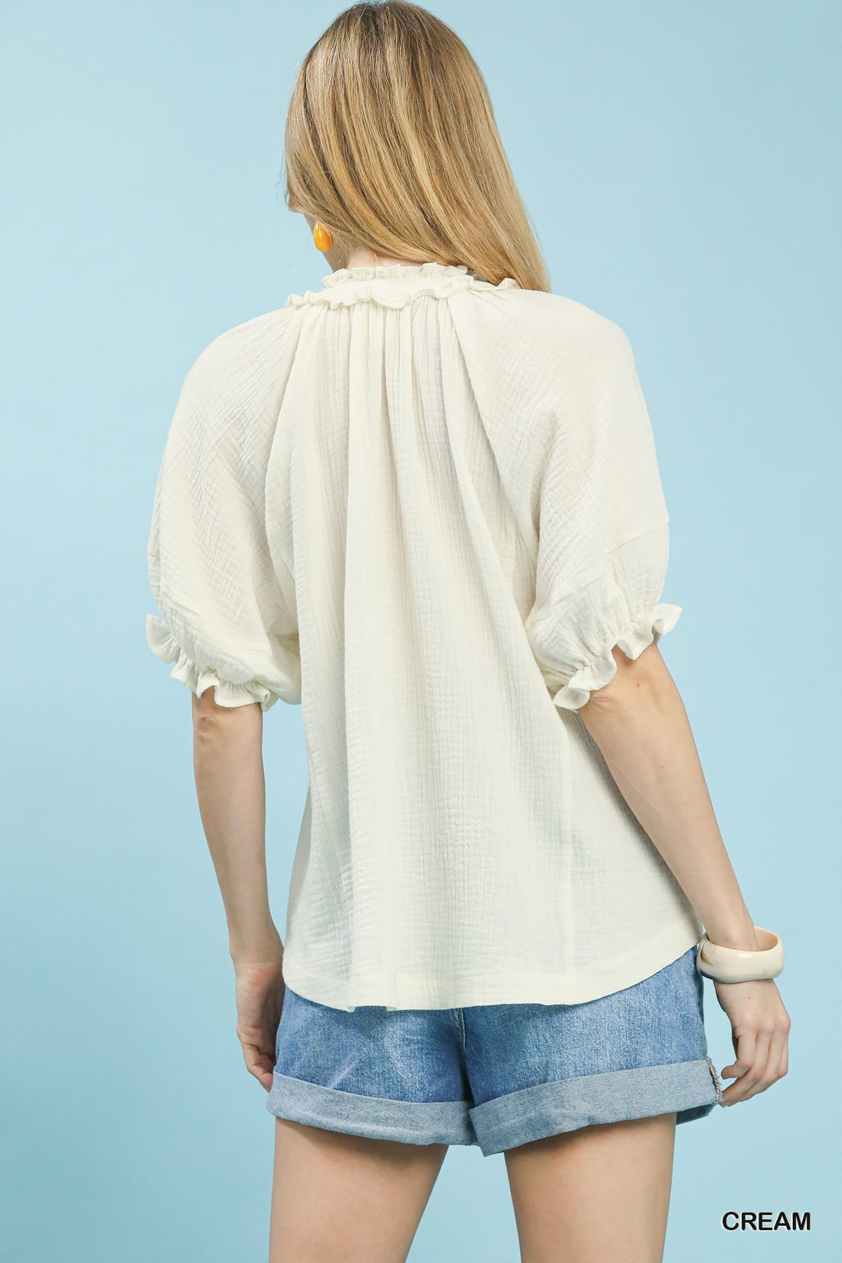 Women's Cotton Gauze V-Neck Ruffle Blouse With Lace Trim — product view 3