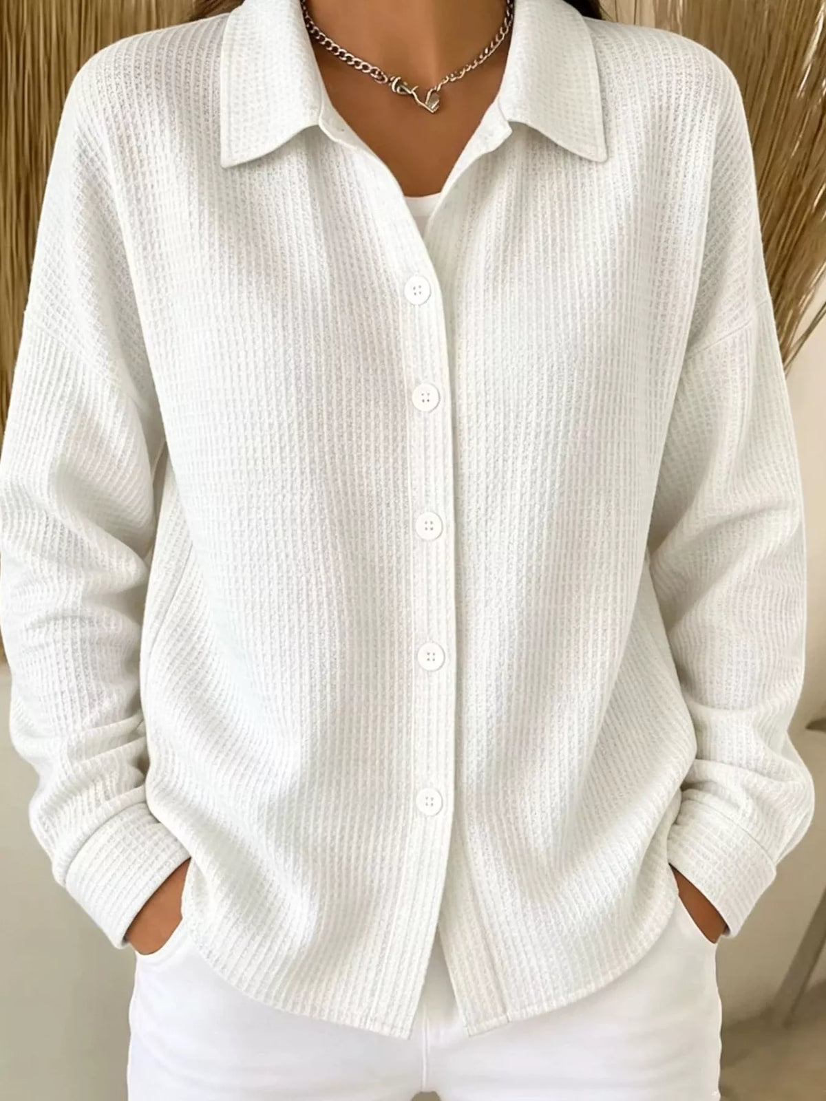 White waffle knit button-down shirt